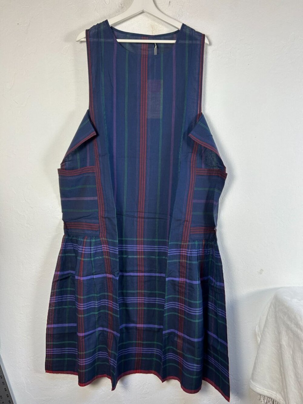 Gudrun Sjod Sleeveless Plaid Midi Kate Dress Large Navy Organic Cotton New $84